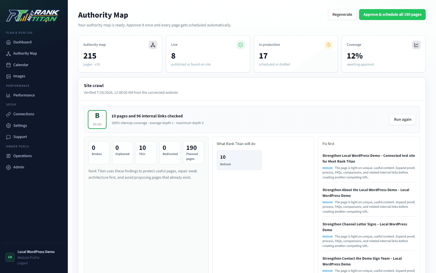 Actual Rank Titan Authority Map screen showing 215 mapped pages, crawl score, coverage, and content priorities.