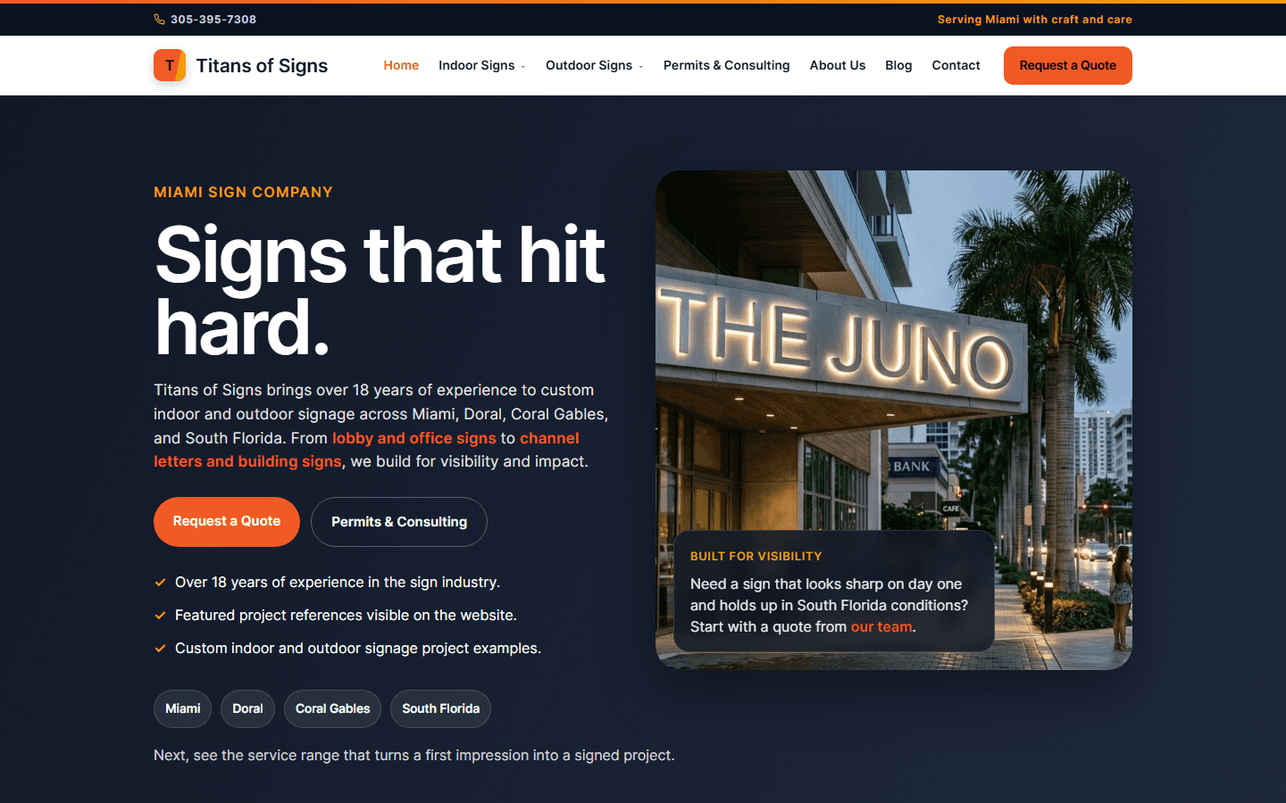 Actual generated Titans of Signs demo website showing a completed hero, service cards, and real image placement.